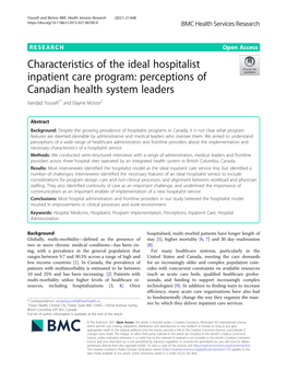 Characteristics of the Ideal Hospitalist Inpatient Care Program: Perceptions of Canadian Health System Leaders Vandad Yousefi1* and Elayne Mcivor2