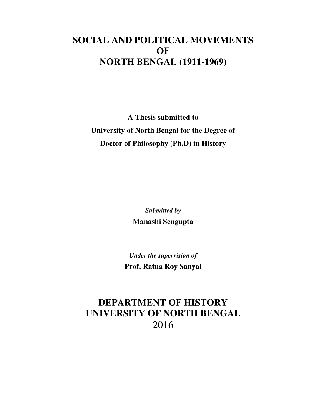 Social and Political Movements of North Bengal (1911-1969)