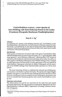 Ceylonthelphusa Scansor, a New Species of Tree-Climbing Crab from Sinharaja Forest in Sri Lanka (Crustacea: Decapoda: Brachyura: Parathelphusidae)