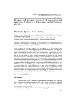 Biological and Ecological Assessment of Conservation and Aquaculture Development of Trigonostigma Espei in Chantaburi Province