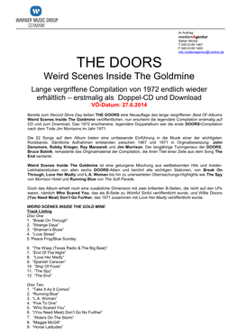 THE DOORS Weird Scenes Inside the Goldmine Lange Vergriffene Compilation Von 1972 Endlich Wieder Erhältlich – Erstmalig Als Doppel-CD Und Download VÖ-Datum: 27.6.2014