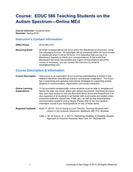 Course: EDUC 586 Teaching Students on the Autism Spectrum—Online Med