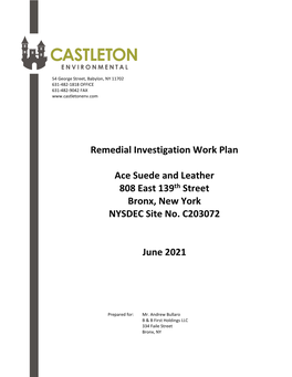 Remedial Investigation Work Plan Ace Suede and Leather 808 East 139Th Street Bronx, New York NYSDEC Site No. C203072 June 2021