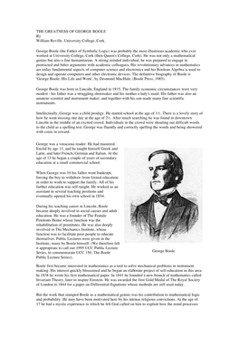 THE GREATNESS of GEORGE BOOLE by William Reville, University College, Cork