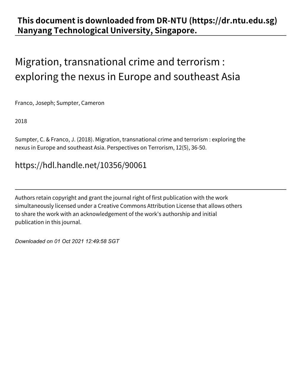 Migration, Transnational Crime and Terrorism : Exploring the Nexus in Europe and Southeast Asia