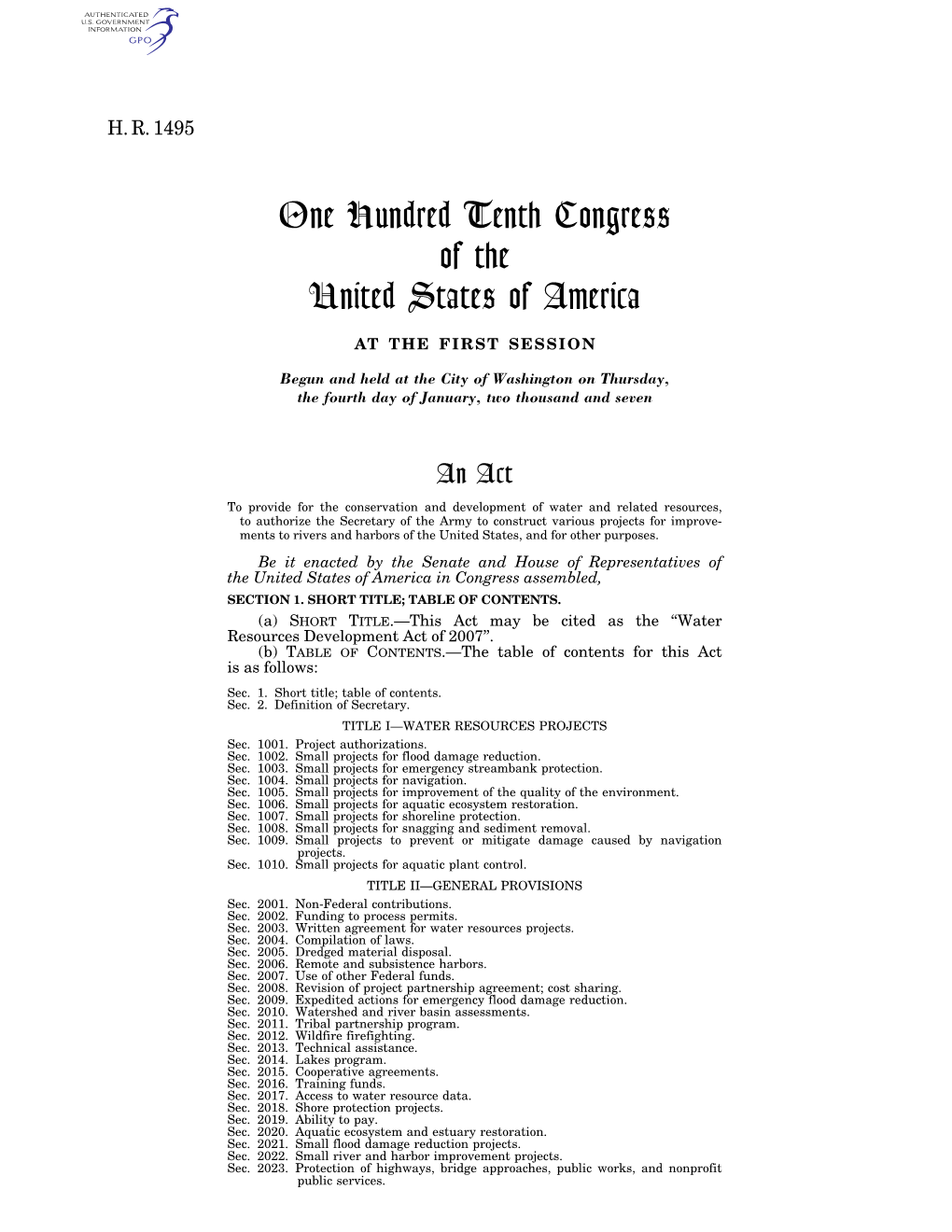 One Hundred Tenth Congress of the United States of America