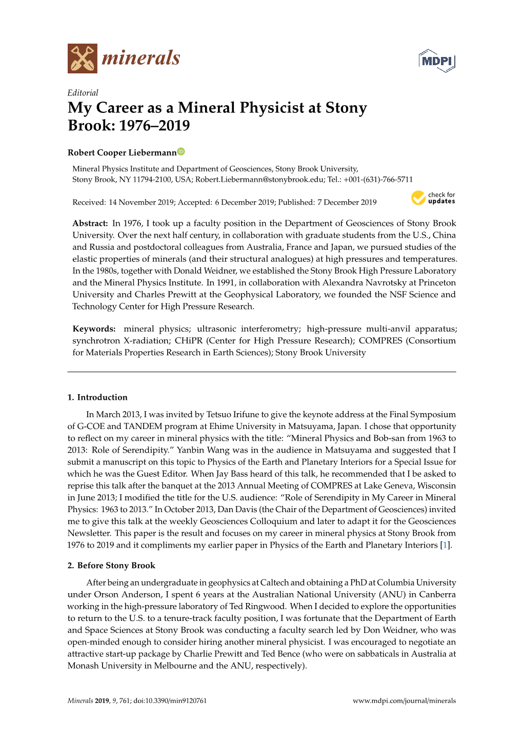 My Career As a Mineral Physicist at Stony Brook: 1976–2019