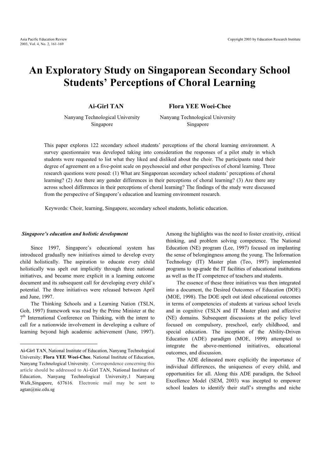 An Exploratory Study on Singaporean Secondary School Students’ Perceptions of Choral Learning