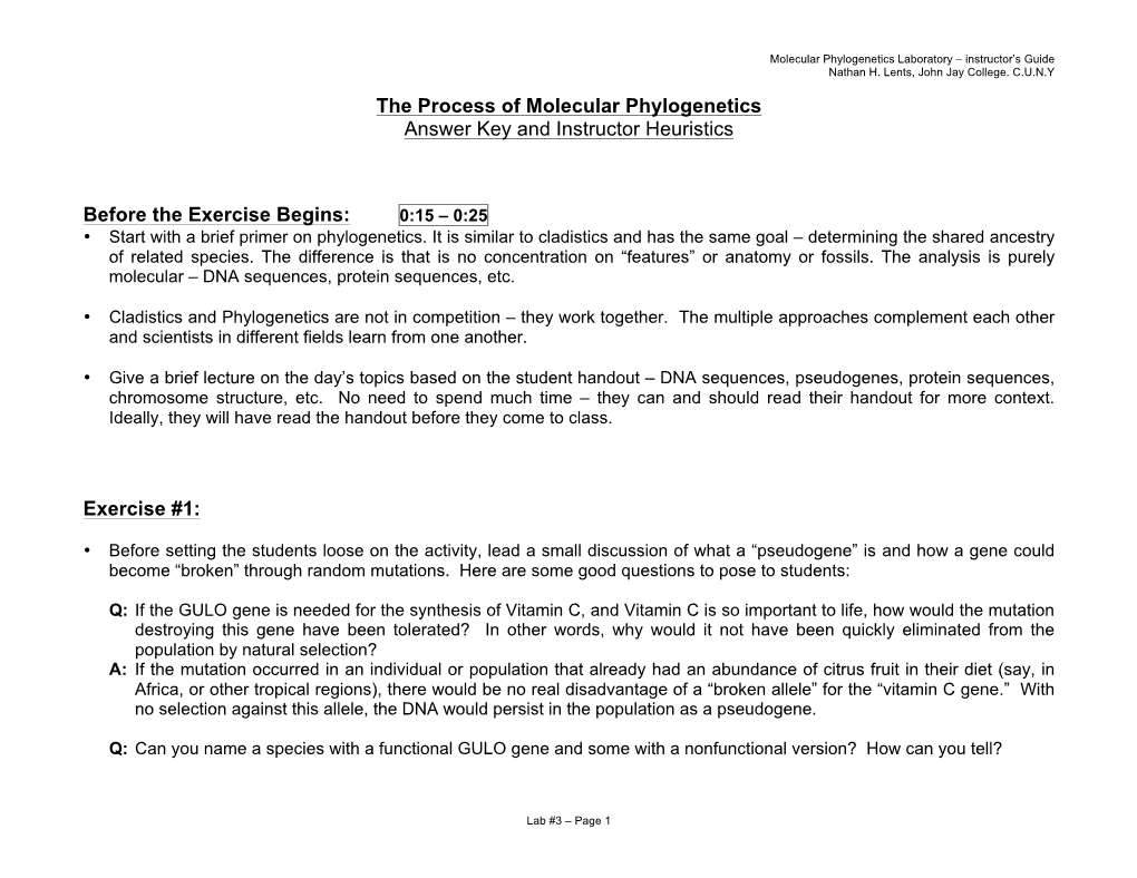 The Process of Molecular Phylogenetics Answer Key and Instructor Heuristics