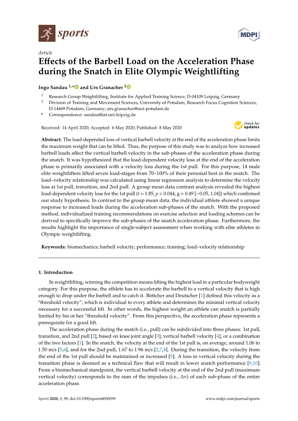 Effects of the Barbell Load on the Acceleration Phase During the Snatch in Elite Olympic Weightlifting