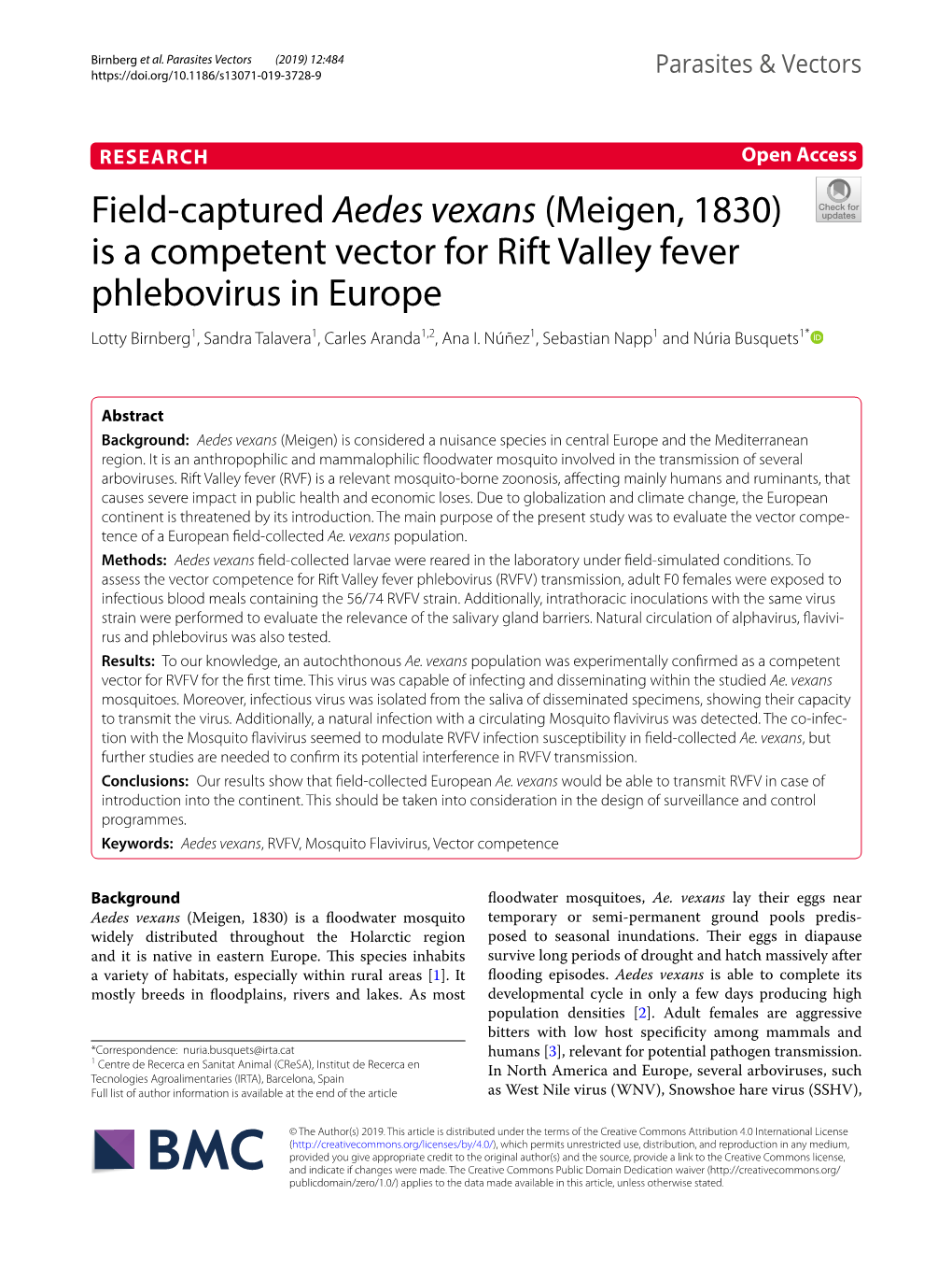 Is a Competent Vector for Rift Valley Fever Phlebovirus in Europe Lotty Birnberg1, Sandra Talavera1, Carles Aranda1,2, Ana I