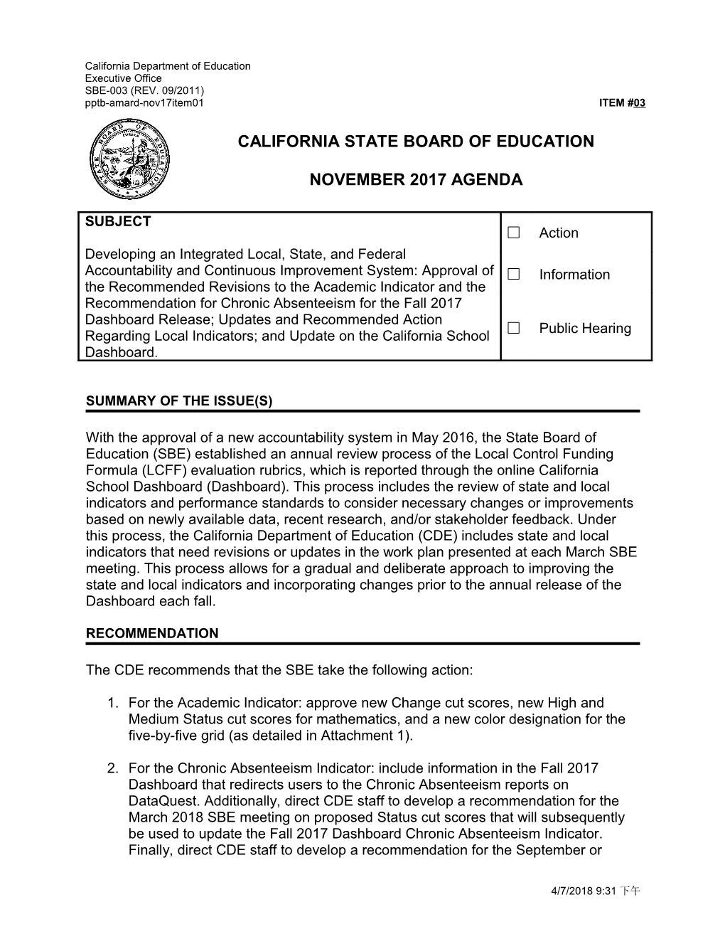 November 2017 Agenda Item 03 - Meeting Agendas (CA State Board of Education)