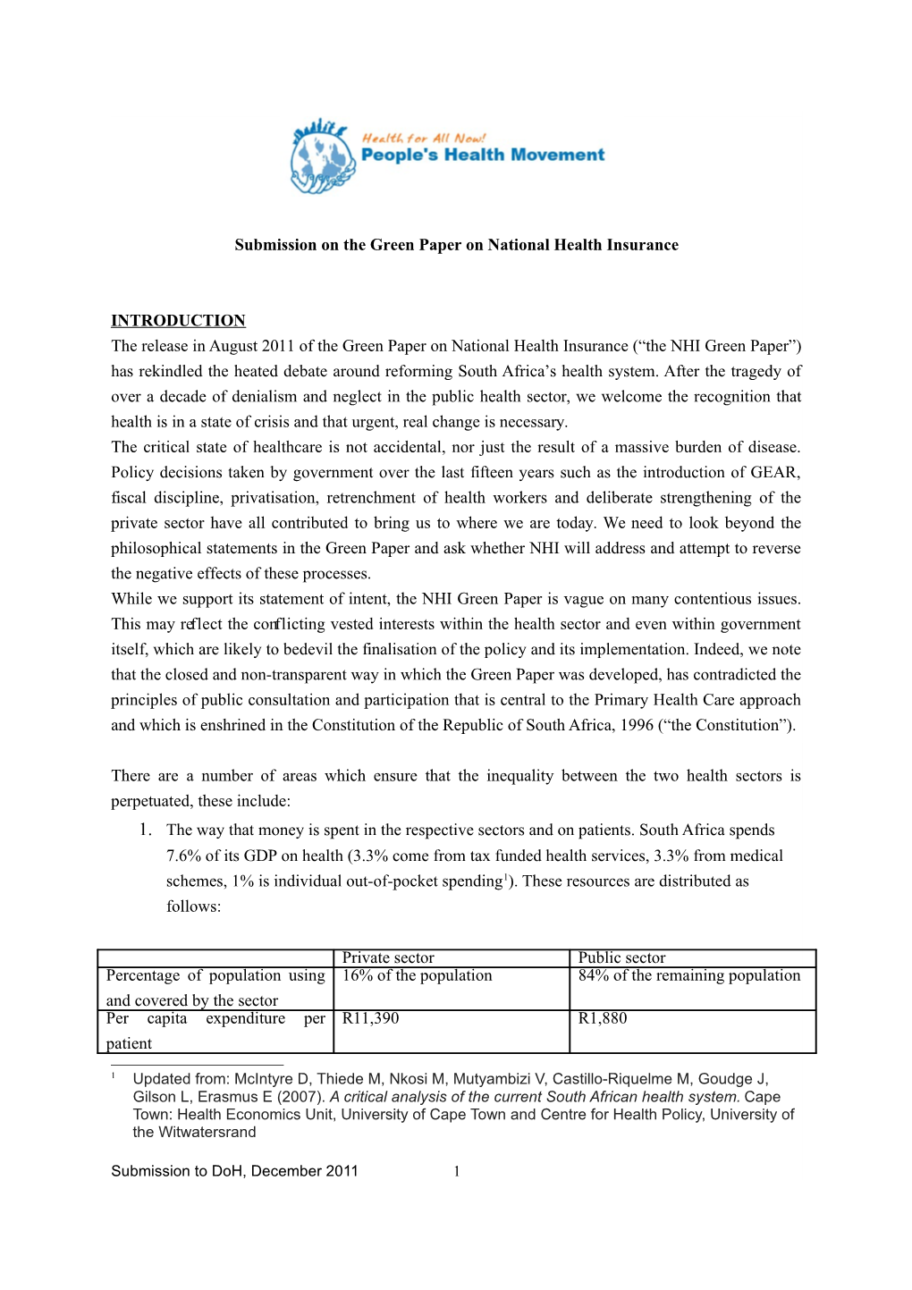 Submission on the Green Paper on National Health Insurance