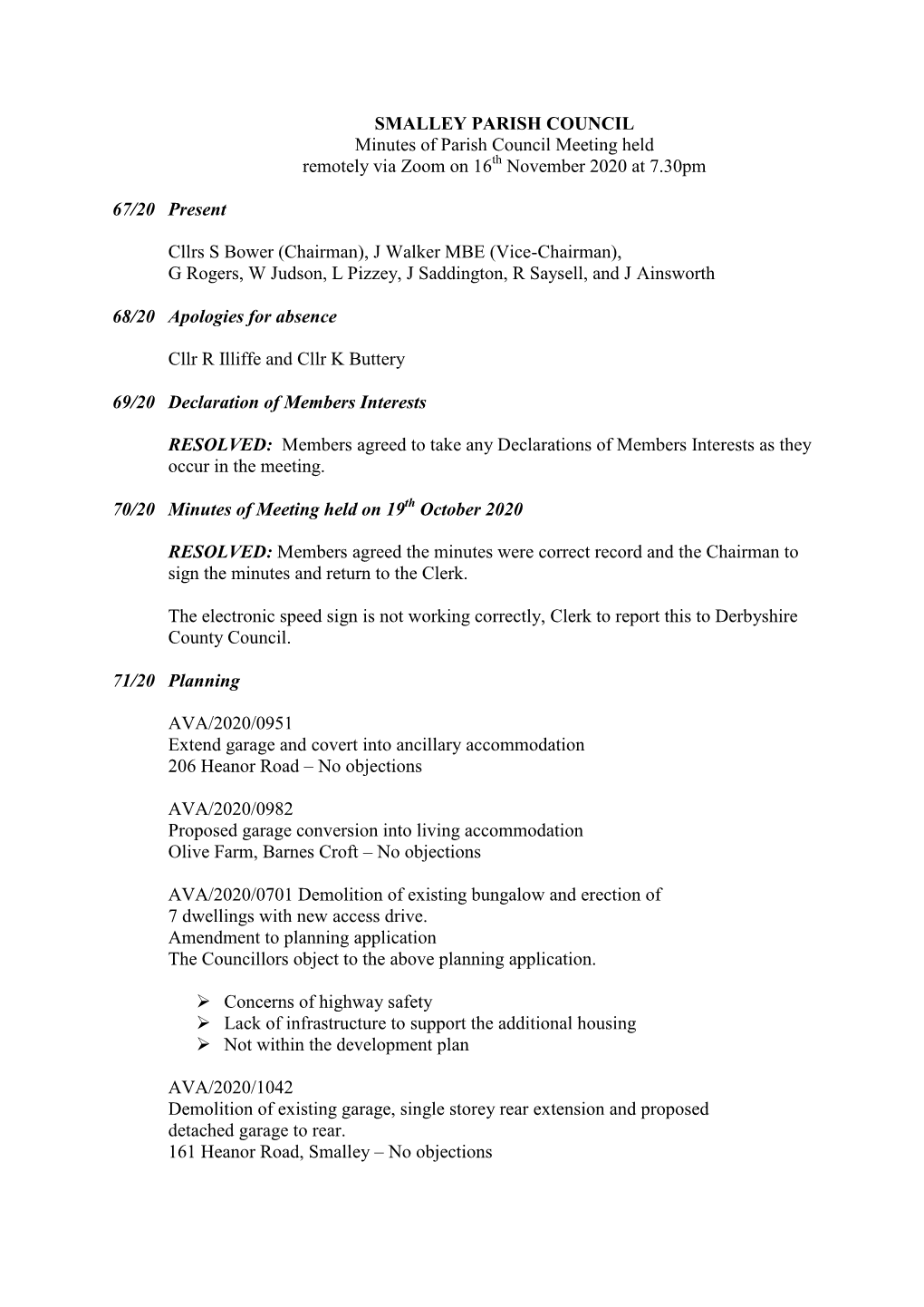 SMALLEY PARISH COUNCIL Minutes of Parish Council Meeting Held Remotely Via Zoom on 16 November 2020 at 7.30Pm 67/20 Present