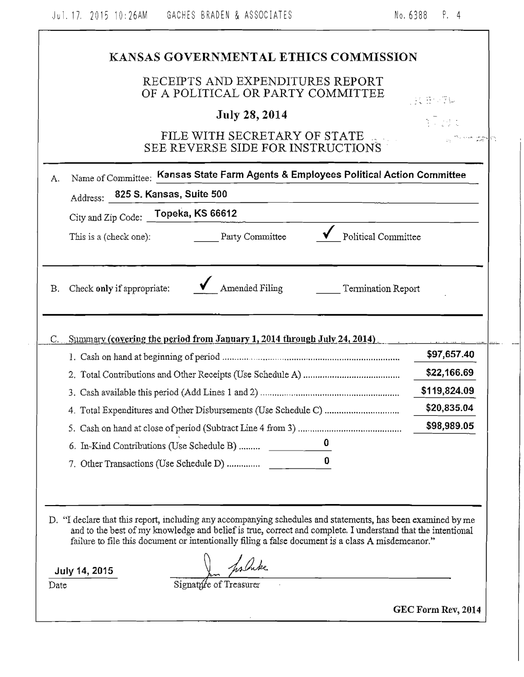 Kansas Governmental Ethics Commission Receipts And