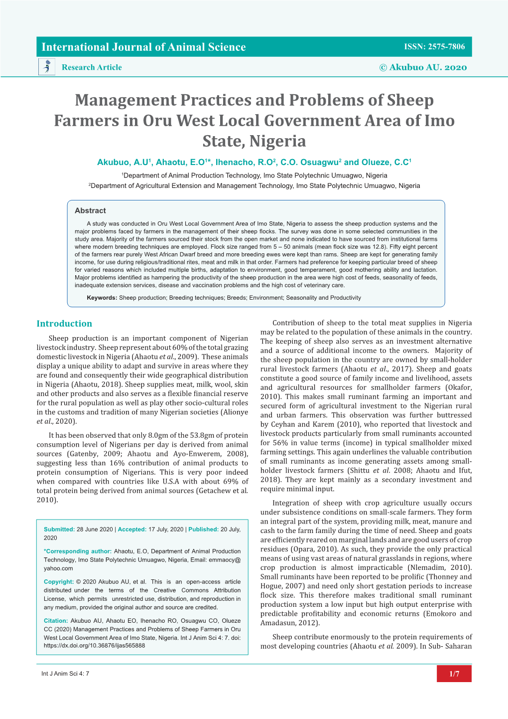 Management Practices and Problems of Sheep Farmers in Oru West Local Government Area of Imo State, Nigeria Akubuo, A.U1, Ahaotu, E.O1*, Ihenacho, R.O2, C.O