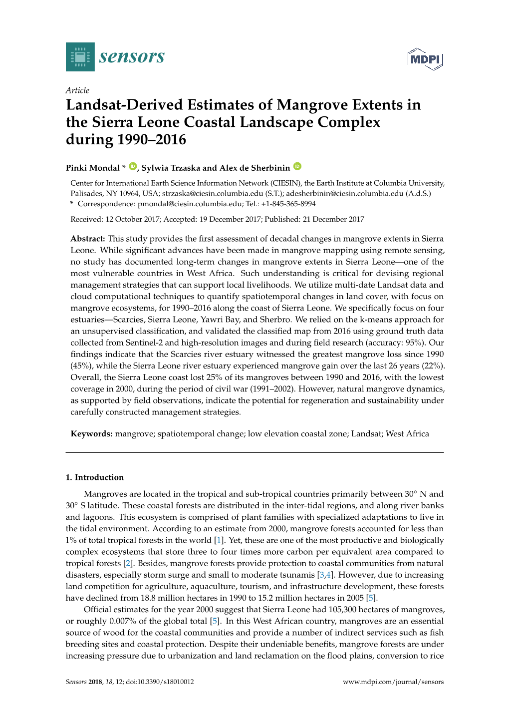 Landsat-Derived Estimates of Mangrove Extents in the Sierra Leone Coastal Landscape Complex During 1990–2016