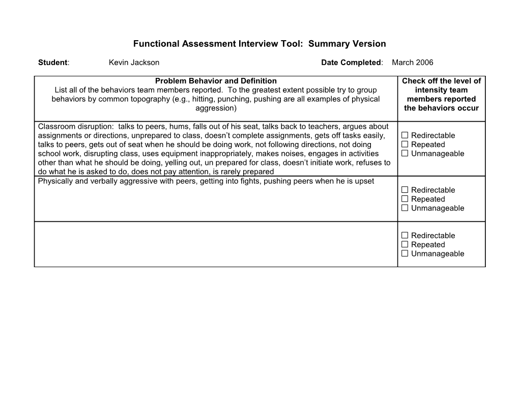 Functional Assessment Interview Tool: Summary Version