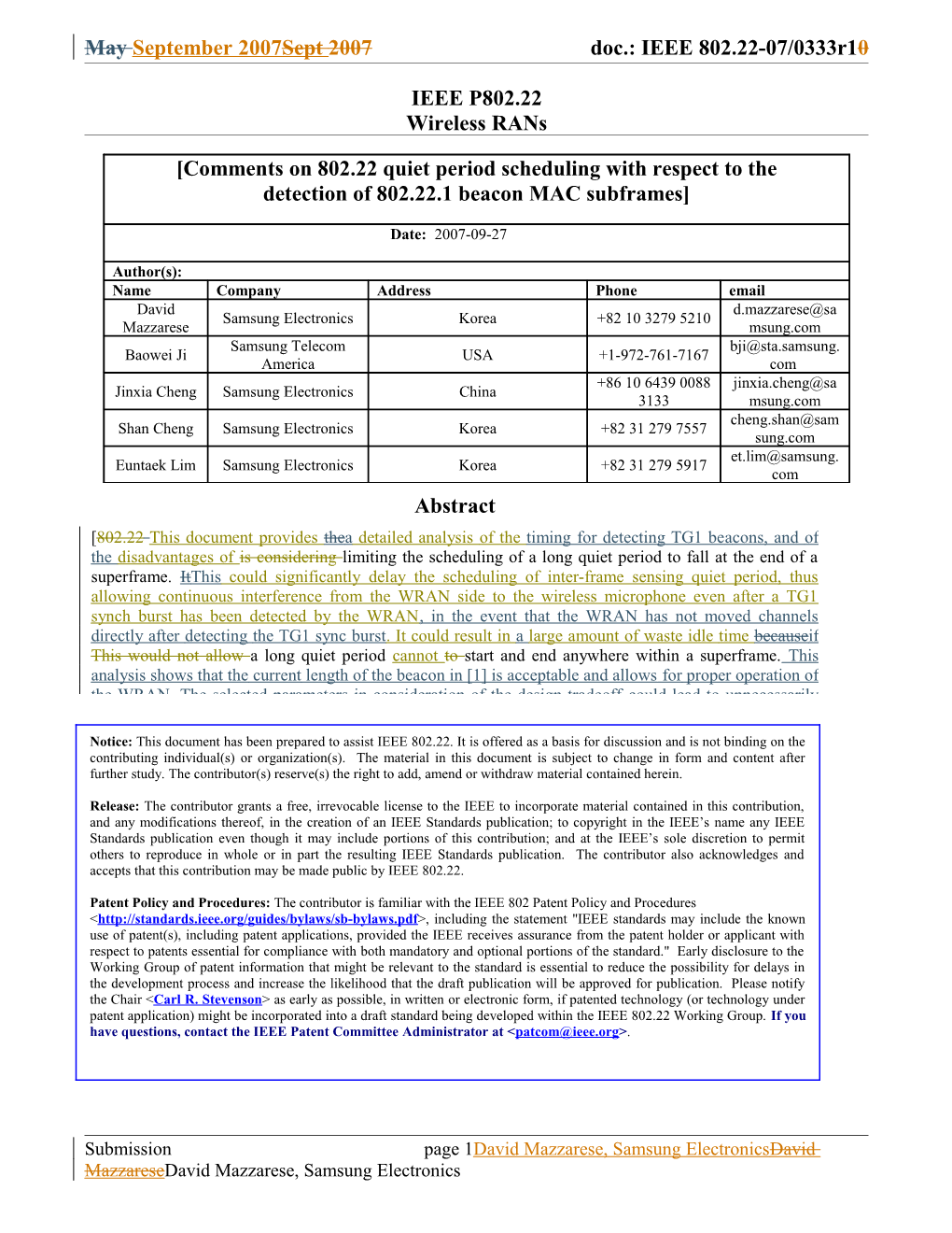 May September 2007Sept 2007 Doc.: IEEE 802.22-07/0333R1 Doc.: IEEE 802.22-07/0Xxxr0 0