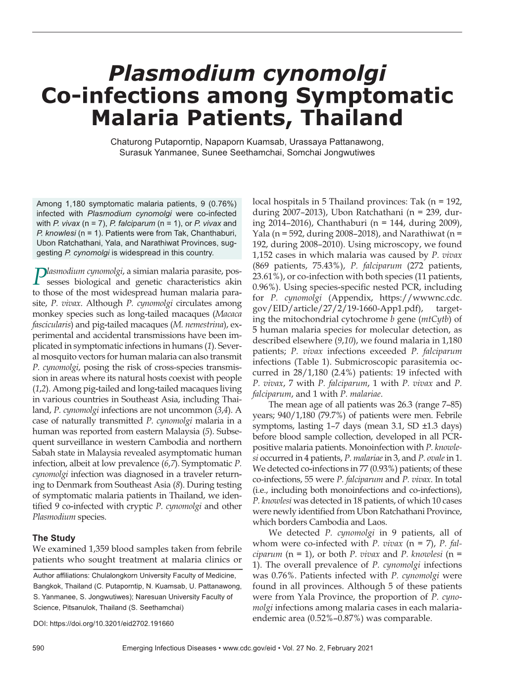 Plasmodium Cynomolgi Co-Infections Among Symptomatic Malaria