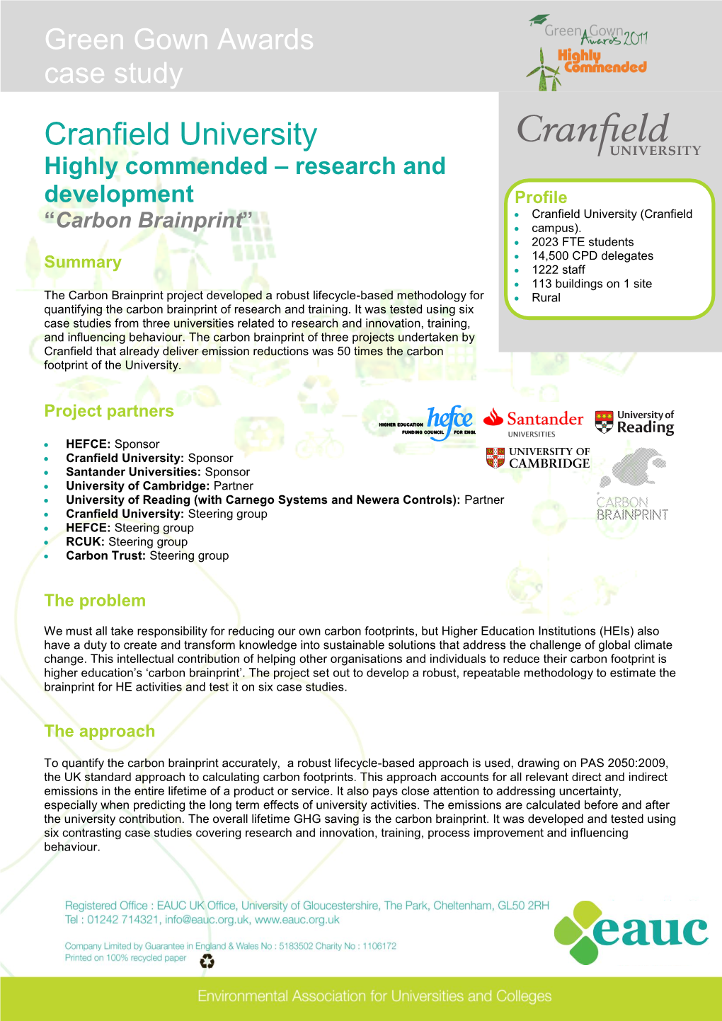 Cranfield University Highly Commended – Research and Development Profile  Cranfield University (Cranfield “Carbon Brainprint”  Campus)