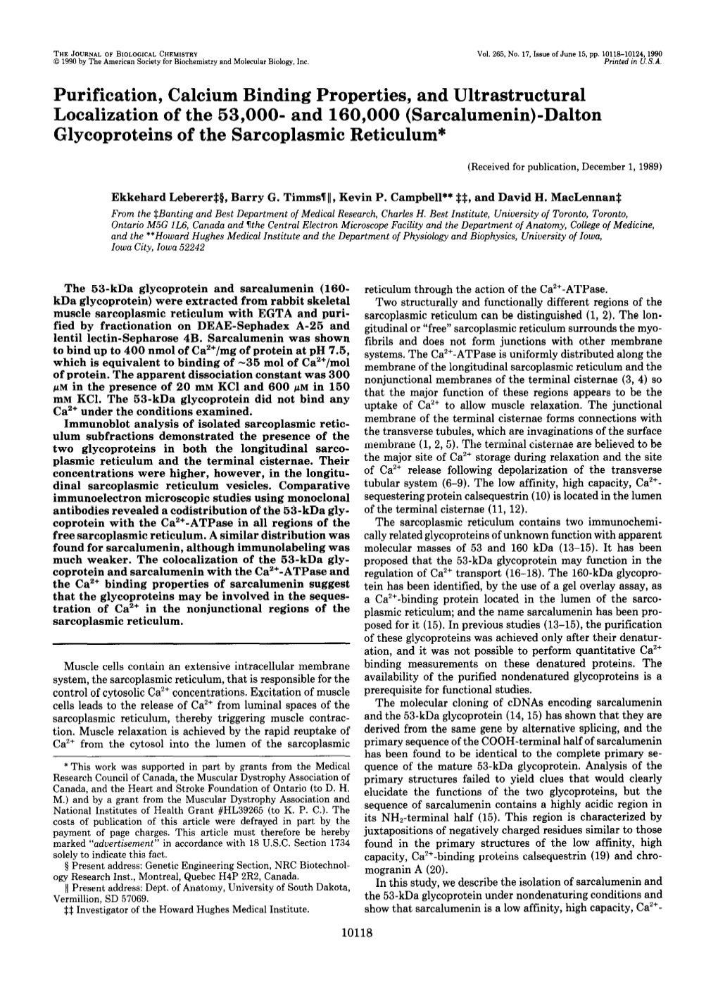 Sarcalumenin)-Dalton Glycoproteins of the Sarcoplasmic Reticulum*