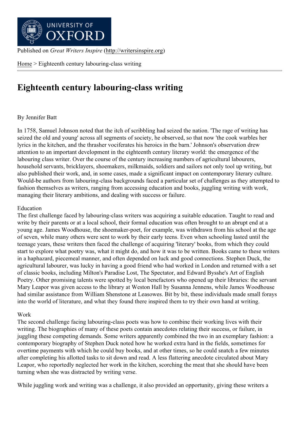 Eighteenth Century Labouring-Class Writing