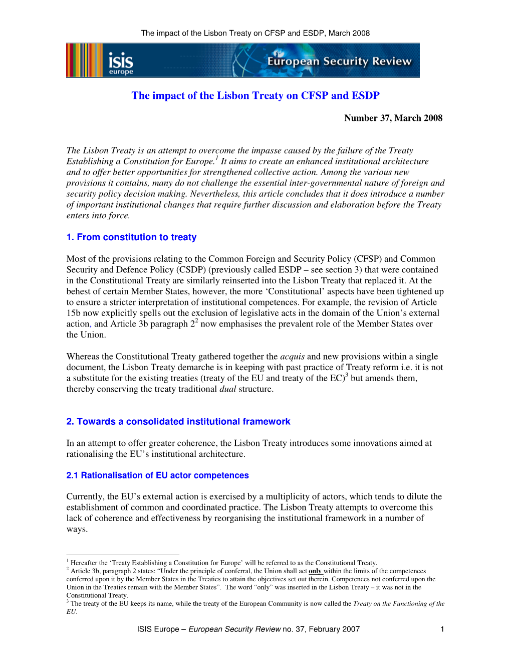 The Impact of the Lisbon Treaty on CFSP and ESDP, March 2008