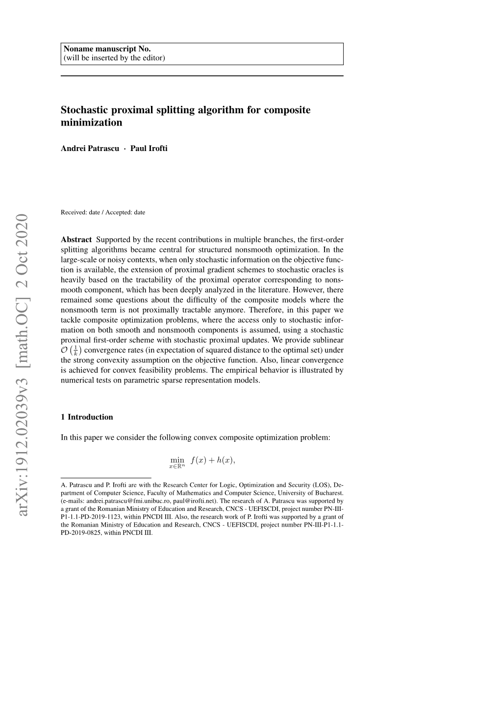 Arxiv:1912.02039V3 [Math.OC] 2 Oct 2020 P1-1.1-PD-2019-1123, Within PNCDI III