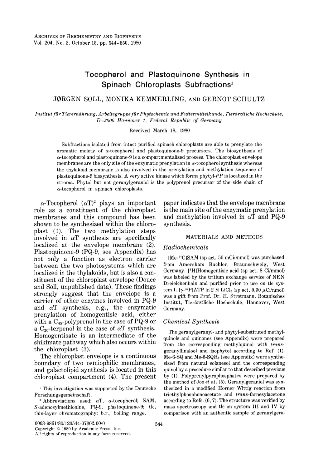 Tocopherol and Plastoquinone Synthesis in Spinach Chloroplasts Subfraction9