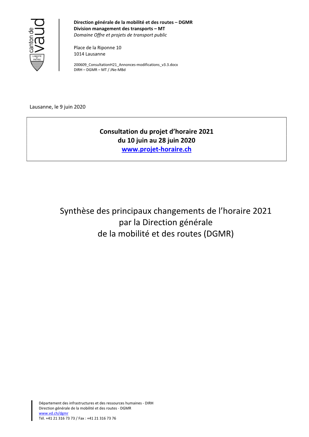 Synthèse Des Principaux Changements De L'horaire 2021 Par La Direction Générale De La Mobilité Et Des Routes (DGMR)