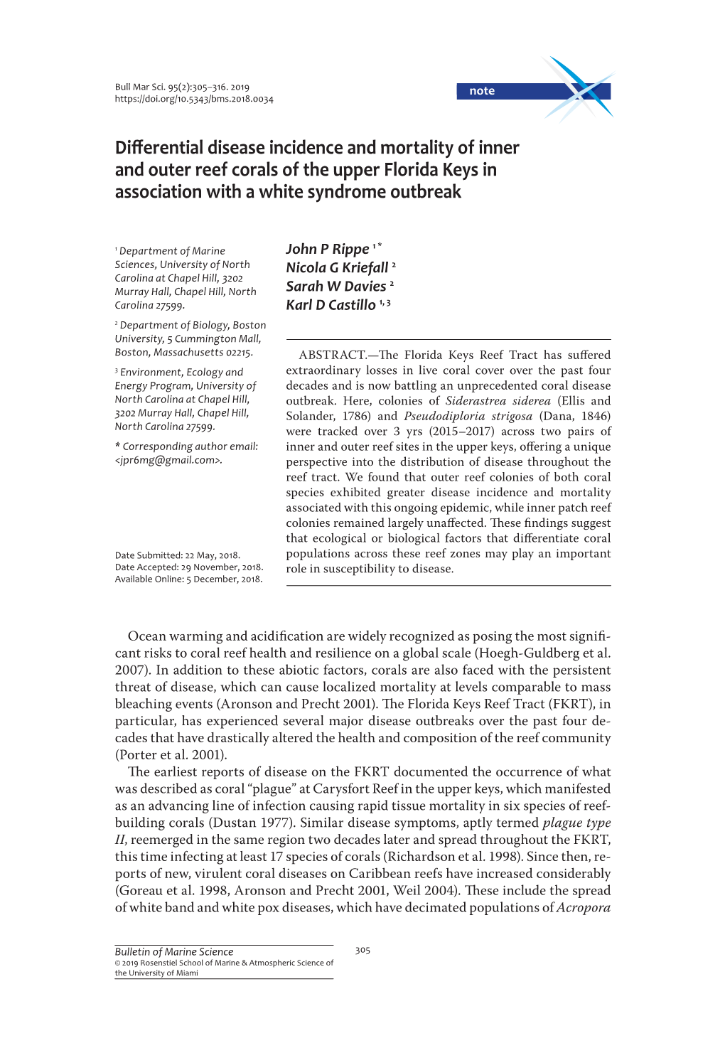 Differential Disease Incidence and Mortality of Inner and Outer Reef Corals of the Upper Florida Keys in Association with a White Syndrome Outbreak