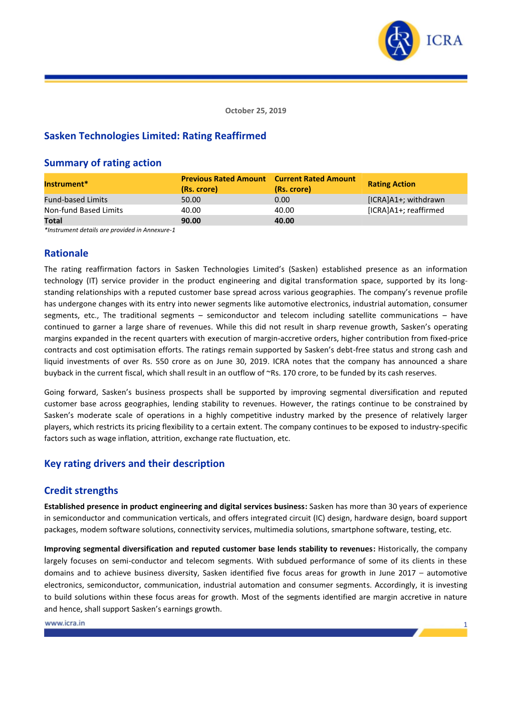 Sasken Technologies Limited: Rating Reaffirmed Summary of Rating Action Rationale Key Rating Drivers and Their Description