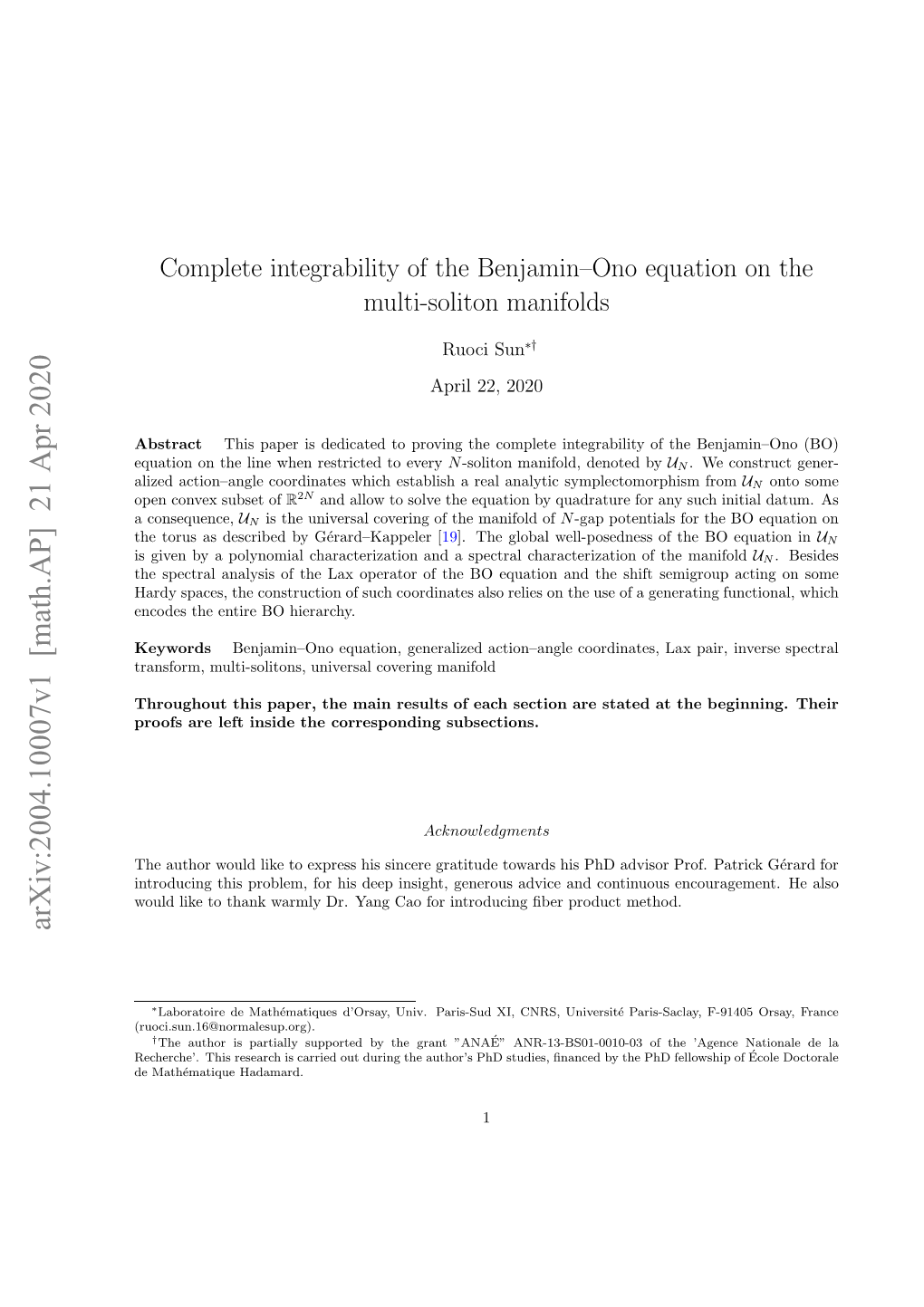 Complete Integrability of the Benjamin--Ono Equation on the Multi-Soliton