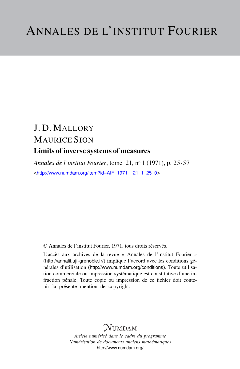 Limits of Inverse Systems of Measures Annales De L’Institut Fourier, Tome 21, No 1 (1971), P