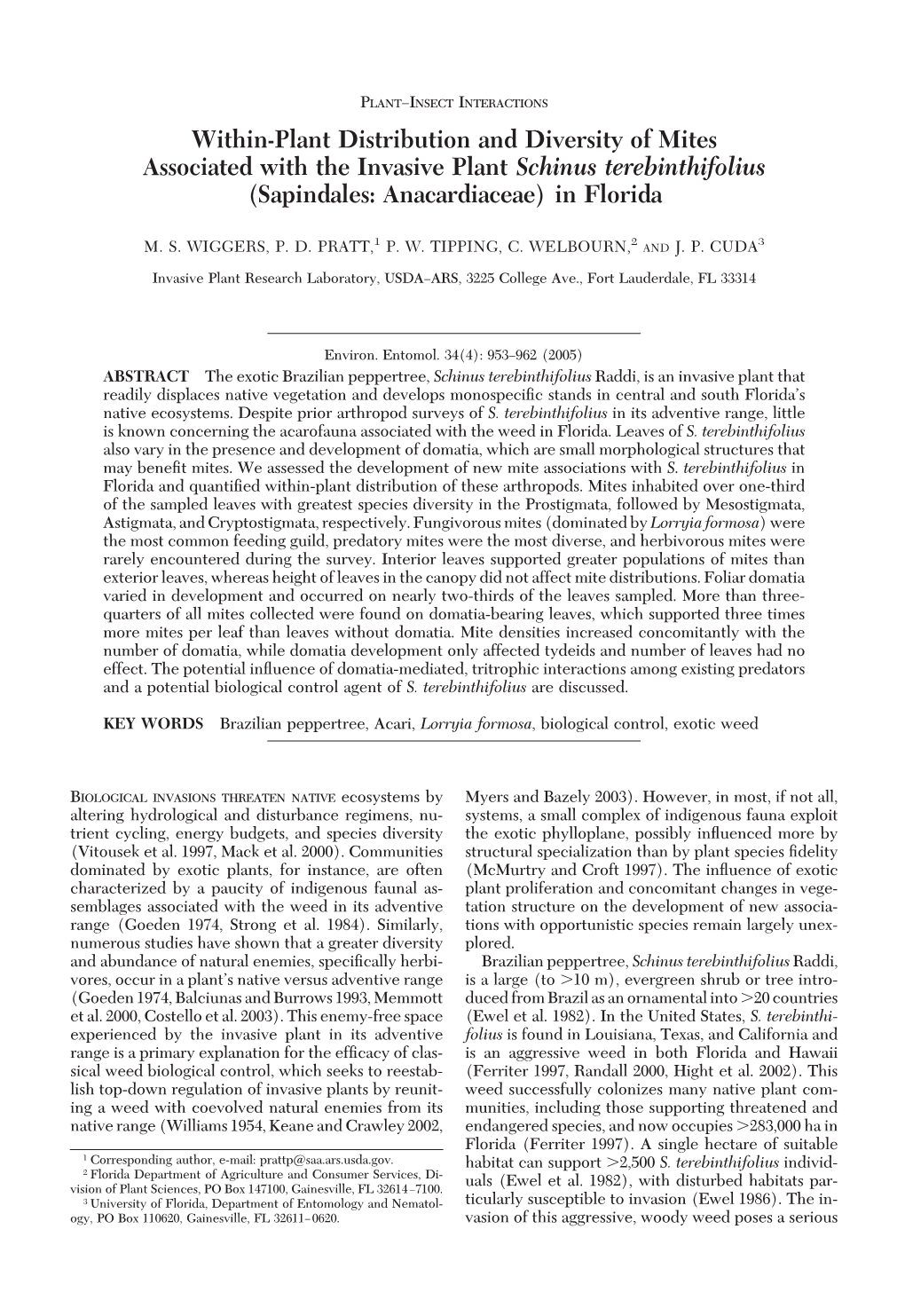 Within-Plant Distribution and Diversity of Mites Associated with the Invasive Plant Schinus Terebinthifolius (Sapindales: Anacardiaceae) in Florida