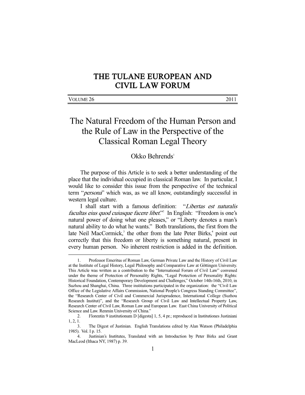 The Natural Freedom of the Human Person and the Rule of Law in the Perspective of the Classical Roman Legal Theory