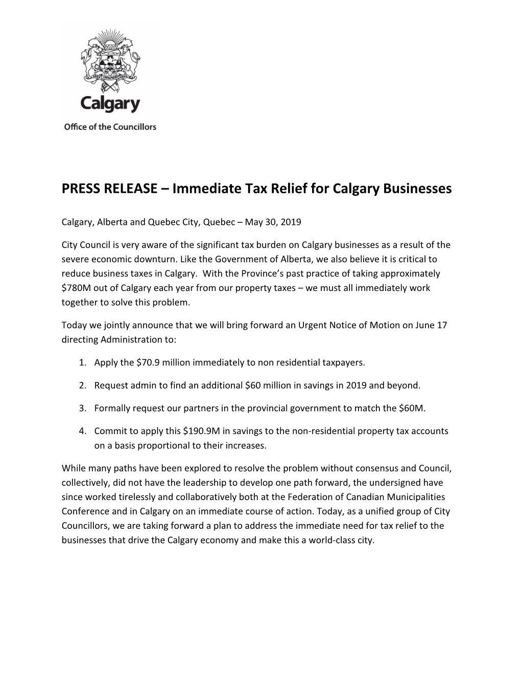PRESS RELEASE – Immediate Tax Relief for Calgary Businesses