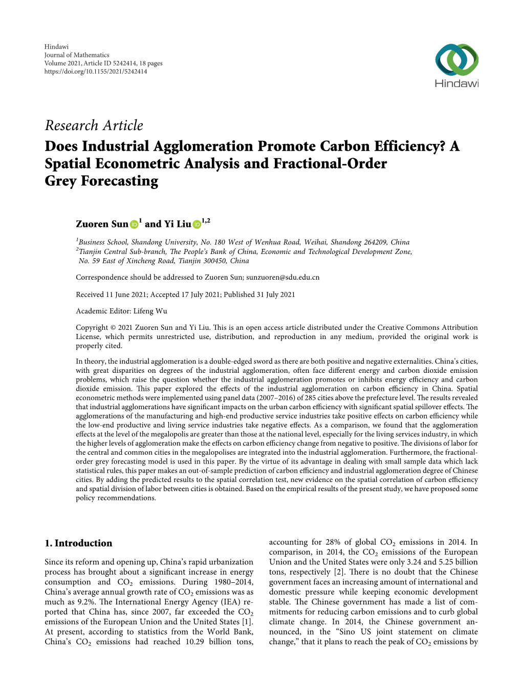 Does Industrial Agglomeration Promote Carbon Efficiency? a Spatial Econometric Analysis and Fractional-Order Grey Forecasting