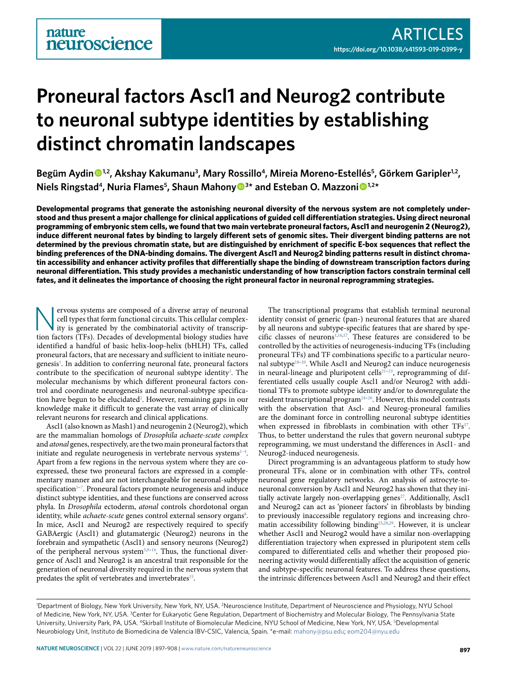 Proneural Factors Ascl1 and Neurog2 Contribute to Neuronal Subtype Identities by Establishing Distinct Chromatin Landscapes