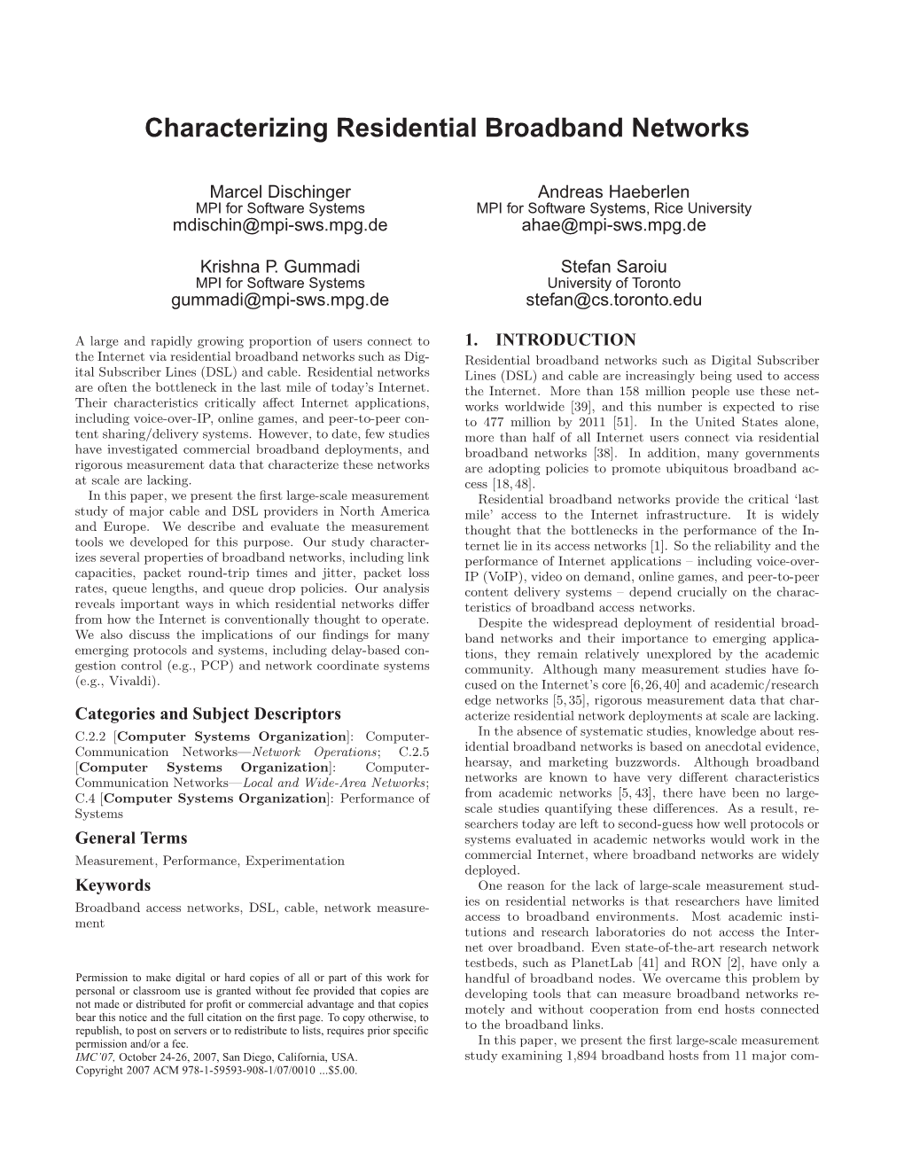 Characterizing Residential Broadband Networks