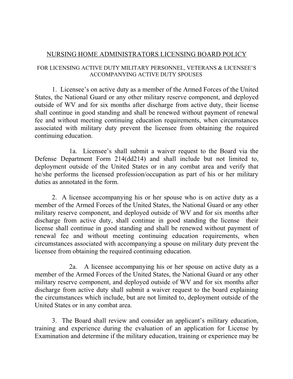 Nursing Home Administrators Licensing Board Policy