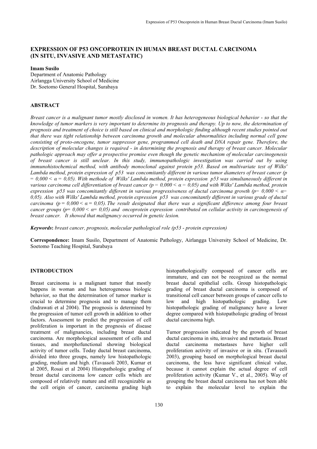 Expression of P53 Oncoprotein in Human Breast Ductal Carcinoma (Imam Susilo)