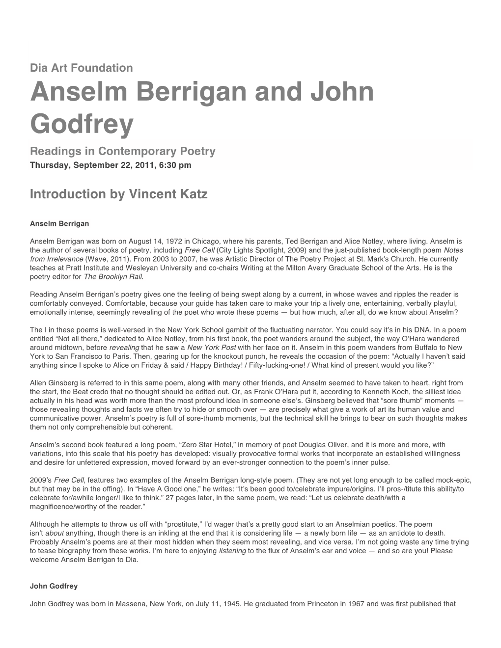 Anselm Berrigan and John Godfrey Readings in Contemporary Poetry Thursday, September 22, 2011, 6:30 Pm