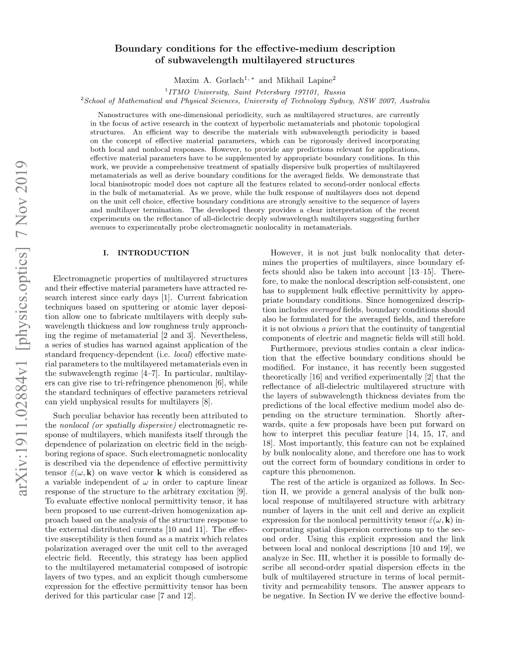 Arxiv:1911.02884V1 [Physics.Optics] 7 Nov 2019