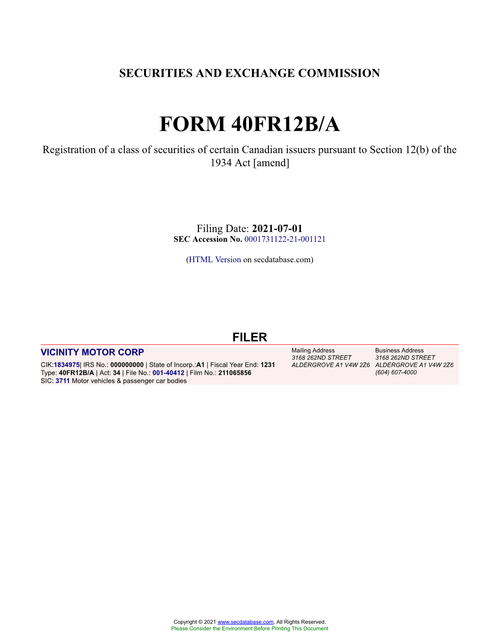 VICINITY MOTOR CORP Form 40FR12B/A Filed