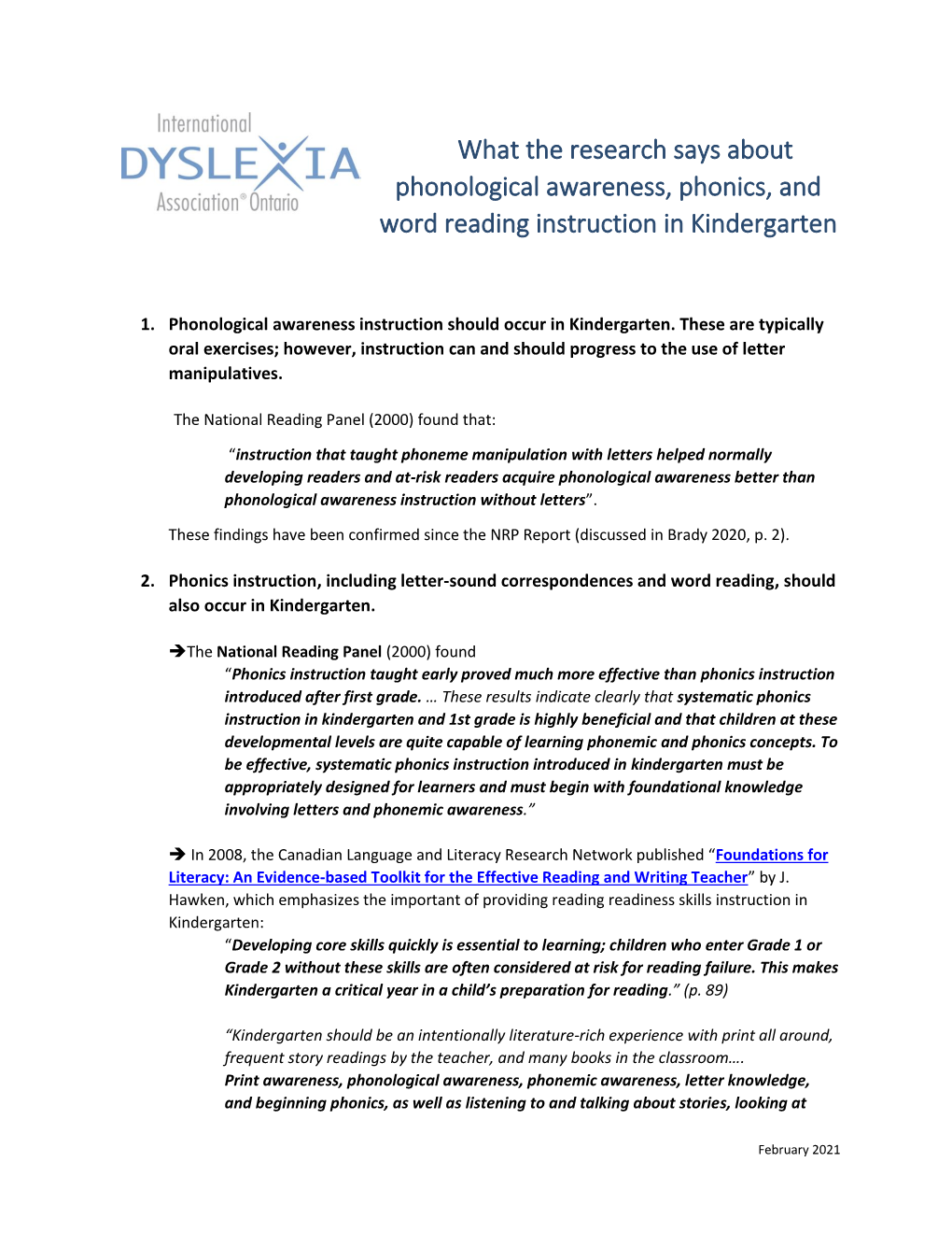 What the Research Says About Phonological Awareness, Phonics, and Word Reading Instruction in Kindergarten