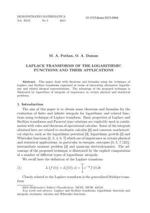 M. A. Pathan, O. A. Daman LAPLACE TRANSFORMS of the LOGARITHMIC FUNCTIONS and THEIR APPLICATIONS 1. Introduction the Aim of This