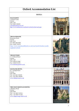 Oxford Accommodation List