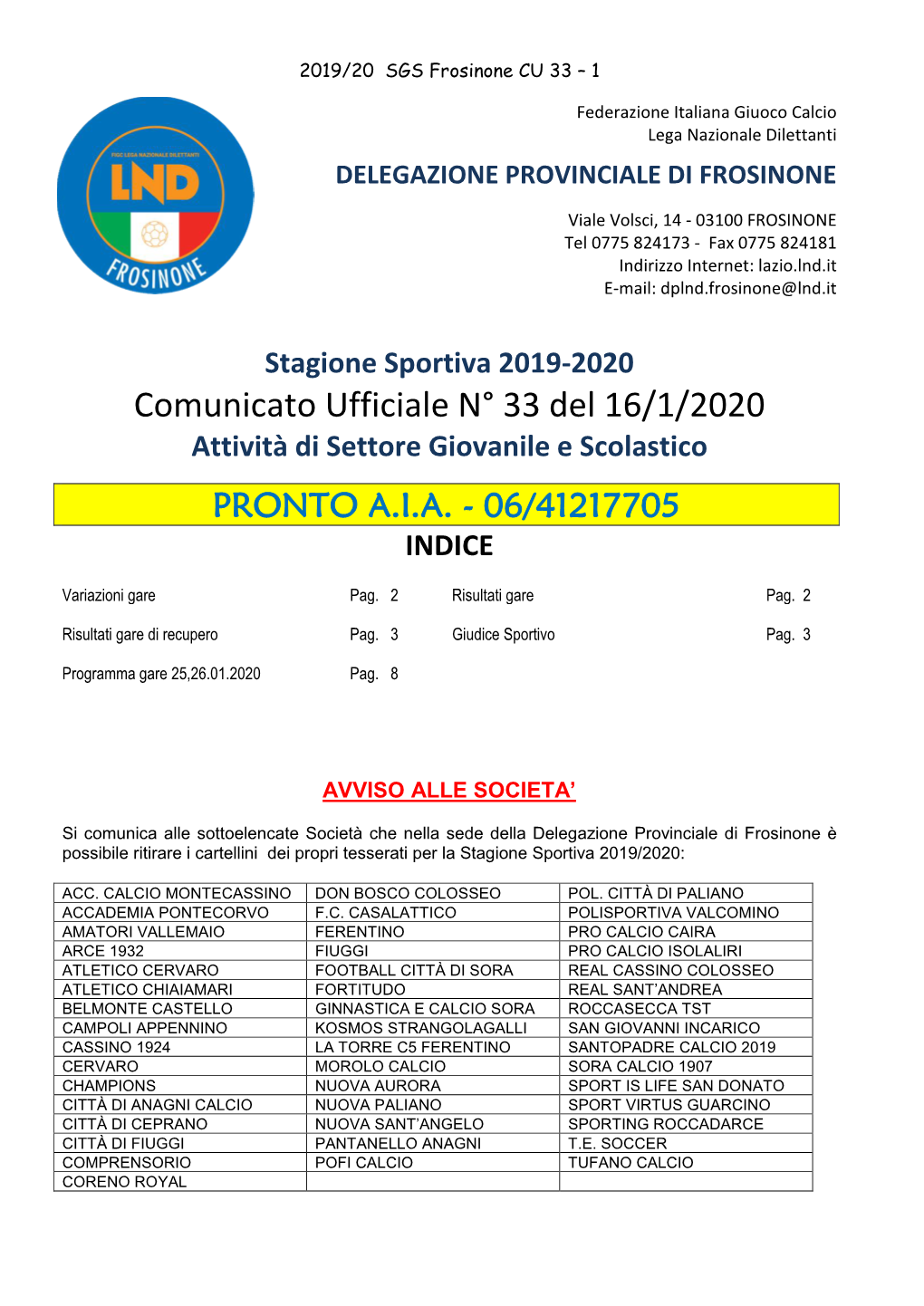 Comunicato Ufficiale N° 33 Del 16/1/2020 Attività Di Settore Giovanile E Scolastico